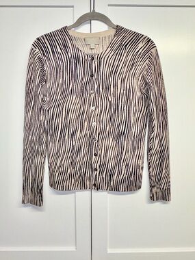 100% Cashmere Zebra Print Button-Up Cardigan in Beige and Black